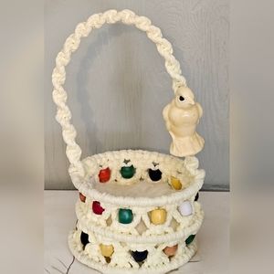 Vintage 1980s Yellow Crochet Beaded Easter Basket With Ceramic Chick